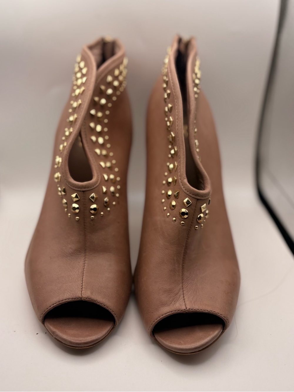 Vince Camuto Taupe Peep-Toe Ankle Heels with Gold Studs